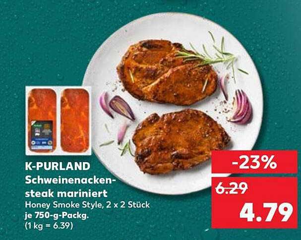 K-PURLAND Schweinenacken-steak mariniert Honey Smoke Style, 2 x 2 Stück je 750-g-Packg. (1 kg = 6.39)