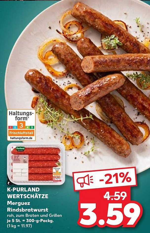 K-PURLAND WERTSCHÄTZE Merguez Rindsbratwurst roh, zum Braten und Grillen je 5 St. = 300-g-Packg.
