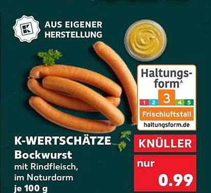 K-WERTSCHÄTZE Bockwurst mit Rindfleisch, im Naturdarm je 100 g