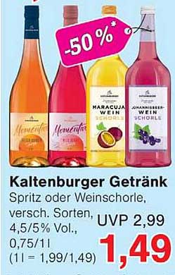 Kaltenburger Getränk Spritz oder Weinschorle, versch. Sorten, 4,5/5 % Vol., 0,75 l / 1 l (1 l = 1,99 / 1,49)