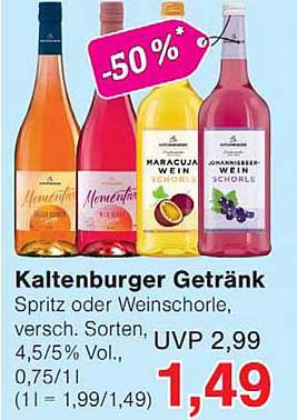 Kaltenburger Getränk Spritz oder Weinschorle, versch. Sorten, 4,5/5 % Vol., 0,75 l