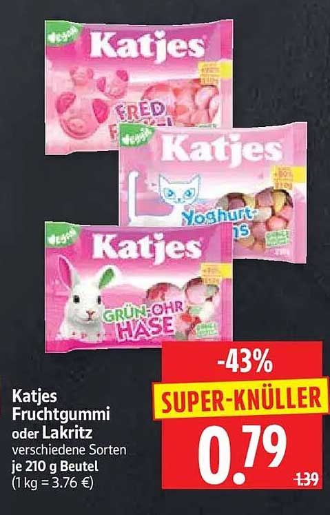 Katjes Fruchtgummi oder Lakritz verschiedene Sorten je 210 g Beutel (1 kg = 3.76 €)