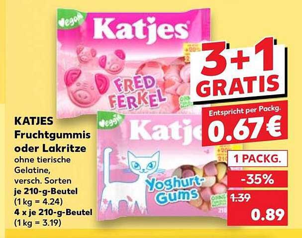KATJES Fruchtgummis oder Lakritze ohne tierische Gelatine, versch. Sorten je 210-g-Beutel