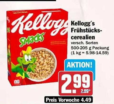 Kellogg´s Frühstückscerealien versch. Sorten 500-205 g Packung (1 kg = 5.98-14.59)