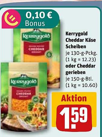 Kerrygold Cheddar Käse Scheiben je 130-g-Pckg. (1 kg = 12.23) oder Cheddar gerieben je 150-g-Btl. (1 kg = 10.60)