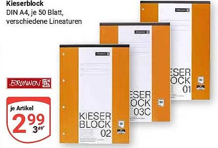 Kieserblock DIN A4, je 50 Blatt, verschiedene Lineaturen