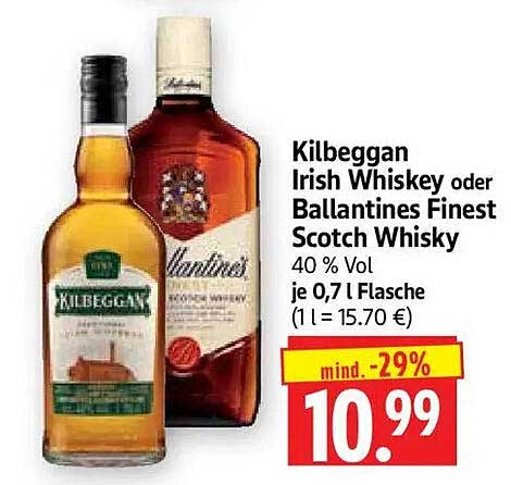 Kilbeggan Irish Whiskey oder Ballantines Finest Scotch Whisky
