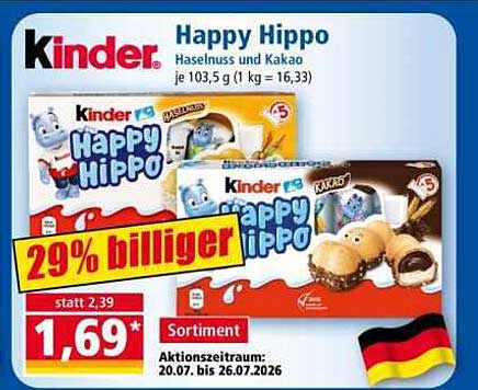 Kinder Happy Hippo Haselnuss und Kakao je 103,5 g (1 kg = 16,33)