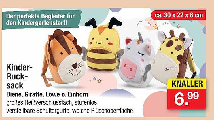 Kinder-Rucksack Biene, Giraffe, Löwe o. Einhorn