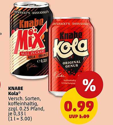 KNABE Kola* Versch. Sorten, koffeinhaltig, zzgl. 0.25 Pfand, je 0,33 l (1 l = 3.00)