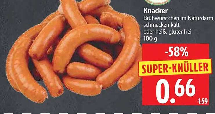 Knacker Brühwürstchen im Naturdarm, schmecken kalt oder heiß, glutenfrei 100 g