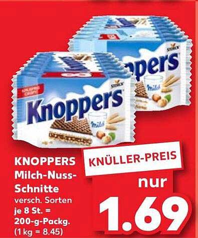 KNOPPERS Milch-Nuss-Schnitte versch. Sorten je 8 St. = 200-g-Packg. (1 kg = 8.45)