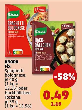 KNORR Fix Spaghetti bolognese, je 40 g (1 kg = 12.25) oder Hackbällchen Toskana, je 39 g (1 kg = 12.56)