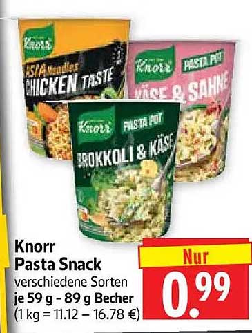 Knorr Pasta Snack verschiedene Sorten je 59 g - 89 g Becher (1 kg = 11.12 – 16.78 €)