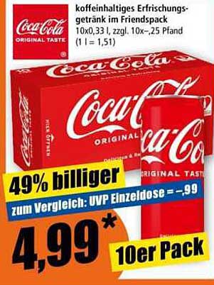 koffeinhaltiges Erfrischungsgetränk im Freundsart 10x0,33 l, zzgl. 10x-25 Pfand (1 = 1,51)