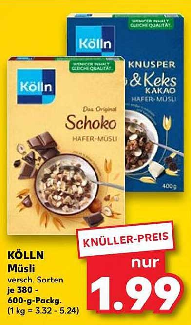 KÖLLN Müsli versch. Sorten je 380 - 600-g-Packg. (1 kg = 3.32 - 5.24)