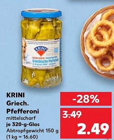 KRINI Griech. Pfefferoni mittelscharf je 320-g-Glas Abtropfgewicht 150 g (1 kg = 16.60)