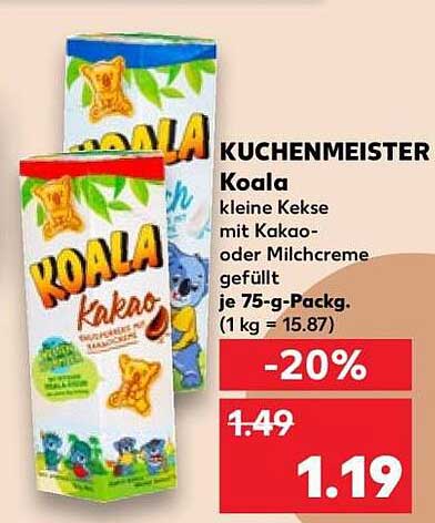 KUCHENMEISTER Koala kleine Kekse mit Kakao- oder Milchcreme gefüllt je 75-g-Packg. (1 kg = 15.87)