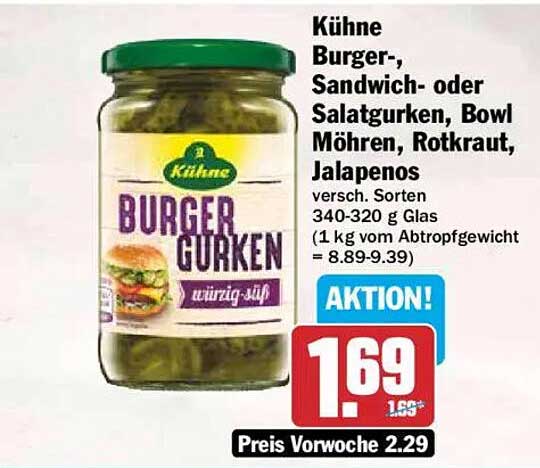 Kühne Burger-, Sandwich- oder Salatgurken, Bowl Möhren, Rotkraut, Jalapenos