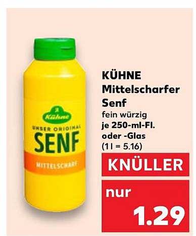 KÜHNE Mittelscharfer Senf fein würzig je 250-ml-Fl. oder -Glas (1 l = 5.16)