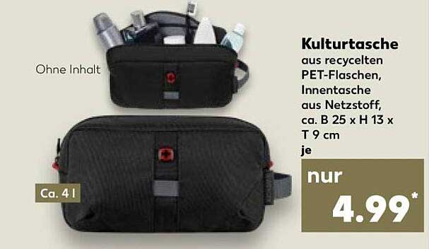 Kulturtasche aus recycelten PET-Flaschen, Innentasche aus Netzstoff, ca. B 25 x H 13 x T 9 cm je