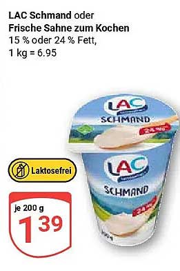 LAC Schmand oder Frische Sahne zum Kochen 15 % oder 24 % Fett, 1 kg = 6.95
