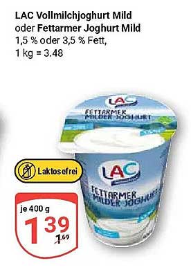 LAC Vollmilchjoghurt Mild oder Fettarmer Joghurt Mild 1,5 % oder 3,5 % Fett, 1 kg = 3.48