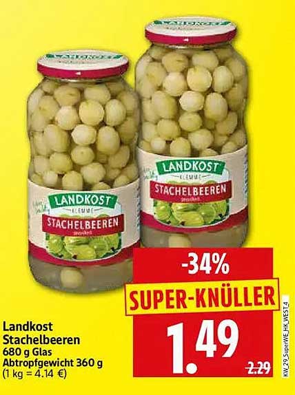 Landkost Stachelbeeren 680 g Glas Abtropfgewicht 360 g (1 kg = 4.14 €)