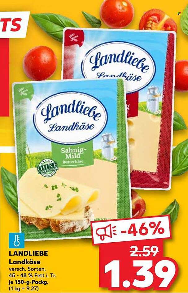LANDLIEBE Landkäse versch. Sorten, 45 - 48 % Fett i. Tr. je 150-g-Packg. (1 kg = 9.27)