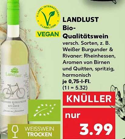 LANDLUST Bio-Qualitätswein versch. Sorten, z. B. Weißer Burgunder & Rivaner: Rheinhessen, Aromen von Birnen und Quitten, spritzig, harmonisch, je 0,75-l-Fl. (1 l = 5.32)