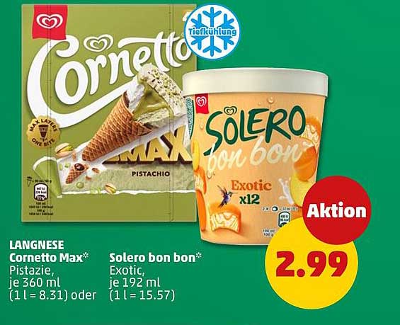 LANGNESE Cornetto Max* Pistazie, je 360 ml (1 l = 8.31) oder Solero bon bon* Exotic, je 192 ml (1 l = 15.57)