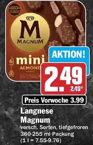 Langnese Magnum versch. Sorten, tiefgefroren 360-255 ml Packung (1 l = 7.55-9.76)