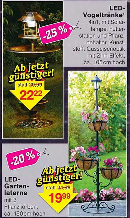 LED-Vogeltränke¹ 4in1, mit Solar-lampe, Futter-station und Pflanz-behälter, Kunststoff, Gusseisenoptik mit Zinn-Effekt, ca. 105 cm hoch