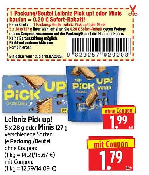 Leibniz Pick up! 5 x 28 g oder Minis 127 g verschiedene Sorten je Packung /Beutel
