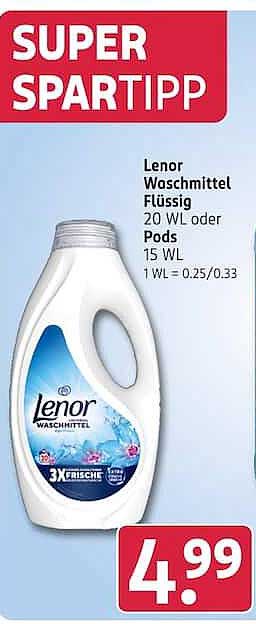 Lenor Waschmittel Flüssig 20 WL oder Pods 15 WL 1 WL = 0.25/0.33