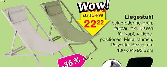Liegestuhl beige oder hellgrün, faltbar, inkl. Kissen für Kopf, 4 Liegepositionen, Metallrahmen, Polyester-Bezug, ca. 100x64x93,5 cm