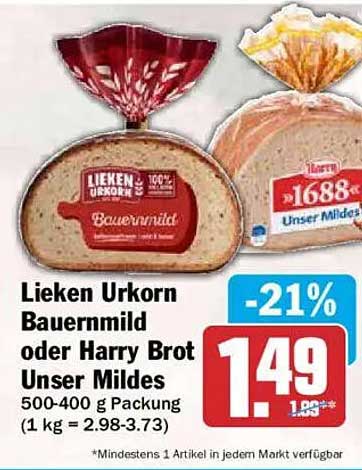 Lieken Urkorn Bauernmild oder Harry Brot Unser Mildes 500-400 g Packung