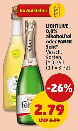 LIGHT LIVE 0,0% alkoholfrei oder FABER Sekt* Versch. Sorten, je 0,75 l (1 l = 3.72)