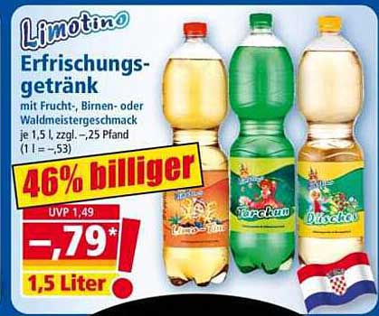 Limotino Erfrischungsgetränk mit Frucht-, Birnen- oder Waldmeistergeschmack je 1,5 l, zzgl. -25 Pfand (1 l = -,53)