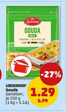 LINDENHOF Gouda Gerieben, je 250 g (1 kg = 5.16)