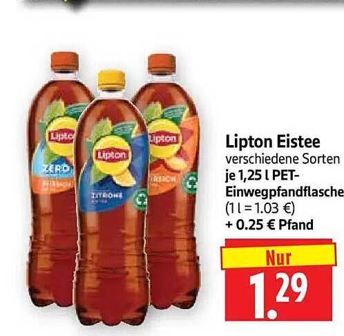 Lipton Eistee verschiedene Sorten je 1,25 l PET-Einwegpfandflasche (1 l = 1.03 €) + 0.25 € Pfand