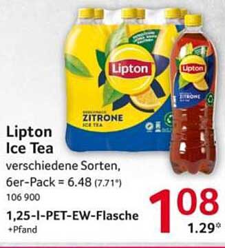 Lipton Ice Tea verschiedene Sorten, 6er-Pack = 6.48 (7.71*) 106 900 1,25-l-PET-EW-Flasche +Pfand