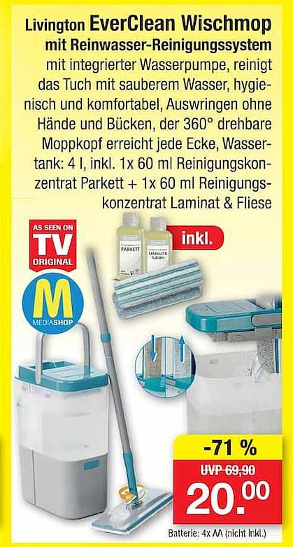 Livington EverClean Wischmop mit Reinwasser-Reinigungssystem