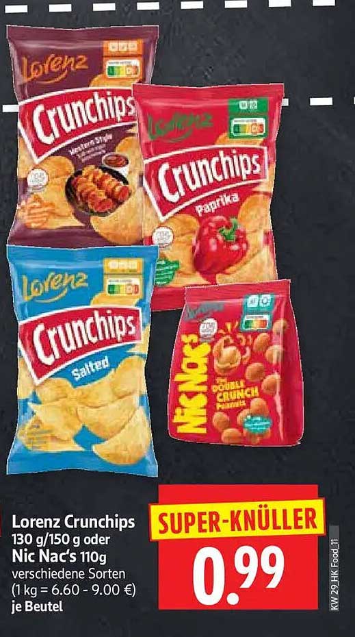 Lorenz Crunchips 130 g/150 g oder Nic Nac's 110g verschiedene Sorten (1 kg = 6.60 - 9.00 €) je Beutel