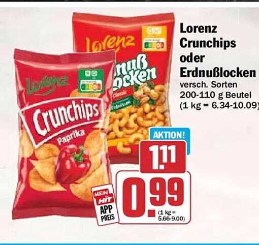 Lorenz Crunchips oder Erdnublocken versch. Sorten 200-110 g Beutel