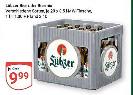 Lübzer Bier oder Biermix Verschiedene Sorten, je 20 x 0,5 l-MW-Flasche, 1 l = 1.00 + Pfand 3.10