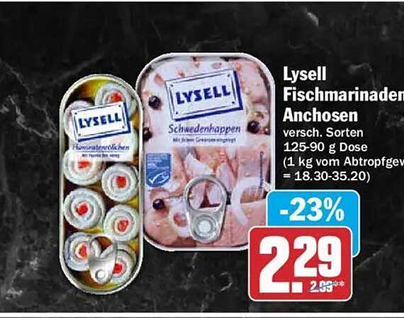 Lysell Fischmarinaden Anchosen versch. Sorten 125-90 g Dose