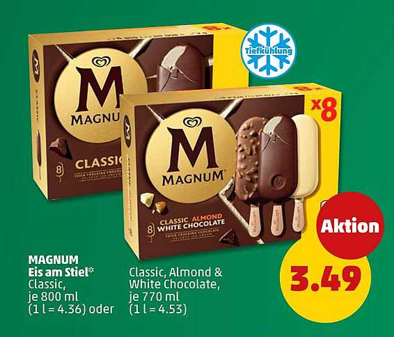 MAGNUM Eis am Stiel* Classic, je 800 ml (1 l = 4.36) oder Classic, Almond & White Chocolate, je 770 ml (1 l = 4.53)