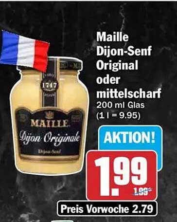 Maille Dijon-Senf Original oder mittelscharf 200 ml Glas (1 l = 9.95)