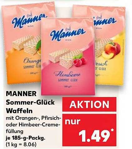 MANNER Sommer-Glück Waffeln mit Orangen-, Pfirsich- oder Himbeer-Cremefüllung je 185-g-Packg. (1 kg = 8.06)